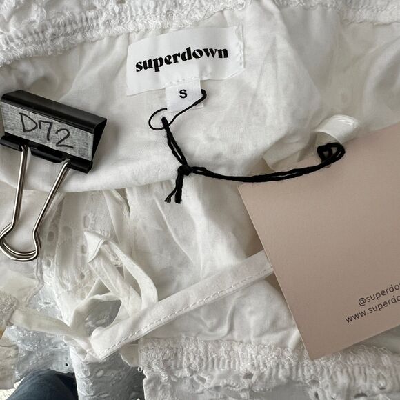 Superdown Valeria Flare Dress Small White Eyelet Off the shoulder Cotton Revolve - Picture 5 of 6